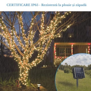 Instalație brad solară pentru Crăciun cu LED-uri, 10 metri, lumină caldă, cablu negru, 2 funcții, 100 LED-uri, IP-44, pentru exterior, panou solar