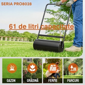 Tăvălug gazon și grădină profesional 61 litri, dimensiune 80 x 28 cm, umplere apă/nisip, oțel inoxidabil, pentru nivelare gazon, negru