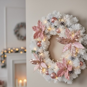 Set 2 flori pentru brad de Crăciun Poinsettia, 11 cm, polyester premium, culoare roz, cu sclipici, prindere cu clip