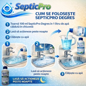Soluție bio-enzimatică SepticPro Degres, anti grăsime, păr, pentru desfundare conducte și chiuvete conectate la fosa septică, 500 ml