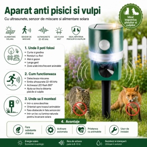Aparat anti pisici și vulpi cu ultrasunete, senzor de mișcare, 6 x LED-uri, panou solar