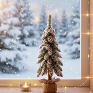 Brad artificial Canadian Frost, 65 cm, trunchi înalt din lemn natural 100% FSC, ace 3D, diametru 25 cm, cu zăpadă