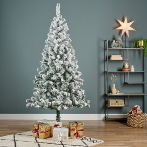 Brad artificial frosted Oslo, aspect nins, 180 centimetri, 300 crengute, aspect 3D, PVC, suport metalic