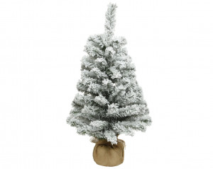 Brad de Crăciun artificial, decorat cu zăpadă, baza de lemn cu iută naturală, 90 cm înălțime, aspect natural 3