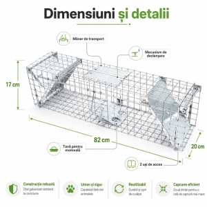 Capcană metalică cu capturare vie, 2 intrări, 82 × 17 × 20 cm – pentru jderi, dihori, nevăstuici, șobolani și animale de talie mică