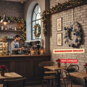 Coroniță de Crăciun iluminată cu LED-uri, brad imperial decorat cu zăpadă și globuri albastre. diametru 50 cm, pentru interior