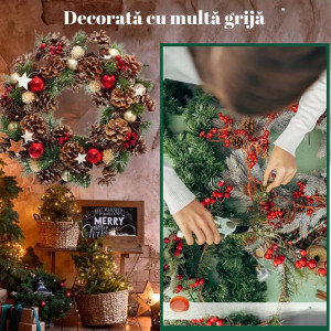 Coronita de Craciun imbodobita cu globuri, conuri, scortisoara, merisoare, stelute si zapada, 35 centimetri, din brad artificial 1 1