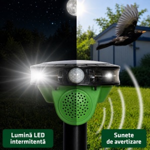 Dispozitiv anti păsări cu 3 tipuri de sunete ( lătrat de câine, pasăre de pradă, împușcătură), volum reglabil, senzor de mișcare, lumină LED
