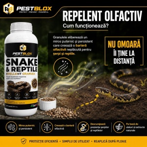 Repelent anti șerpi și reptile PestBlox®, granule, 1 litru, repelent olfactiv, pentru curți, grădini, terase și hambare