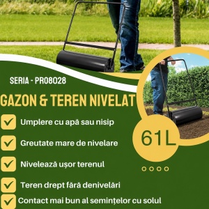 Tăvălug gazon și grădină profesional 61 litri, dimensiune 80 x 28 cm, umplere apă/nisip, oțel inoxidabil, pentru nivelare gazon, negru