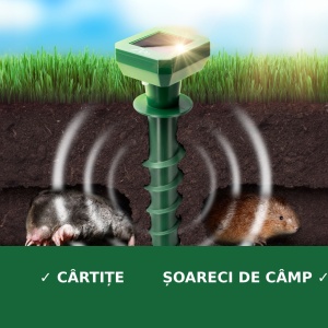Aparat anti cârtițe și șoareci de câmp cu ultrasunete, alimentare solară, acoperire 700 m², panou solar, certificare IPX4, 25.5 centimetri, cu înșurubare