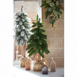 Brad artificial Canadian Frost, 80 cm, trunchi înalt din lemn natural 100% FSC, ace 3D, diametru 30 cm, cu zăpadă