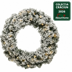 Coroniță de Crăciun imperială cu 40 LED-uri, aspect nins, 50 x 8 centimetri, lumină caldă, alimentare baterii, alb/verde, timer