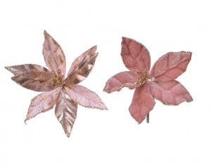Set 2 flori pentru brad de Crăciun Poinsettia, 11 cm, polyester premium, culoare roz, cu sclipici, prindere cu clip