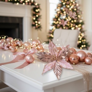 Set 2 flori pentru brad de Crăciun Poinsettia, 11 cm, polyester premium, culoare roz, cu sclipici, prindere cu clip