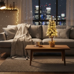 Brad artificial Canadian Frost, 80 cm, trunchi înalt din lemn natural 100% FSC, ace 3D, diametru 30 cm, cu zăpadă