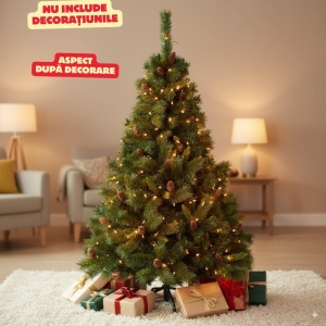 Brad artificial cu conuri de brad premium Buha ®, 435 crengute, cu suport metalic, 150 cm, 2 parti, diametru 86 cm, verde