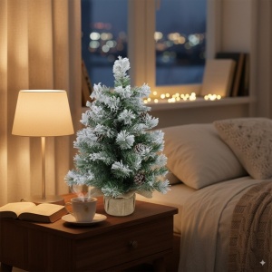 Brad de Craciun artificial BUHA®, decorat cu conuri de pin, zapada si baza de lemn cu iuta naturala, 50 cm inaltime