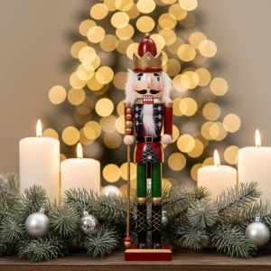 Decorațiune de Crăciun The Nutcracker autenic, figurină Spărgător de nuci, cu sceptru 100 % lemn FSC, 38 centimetri