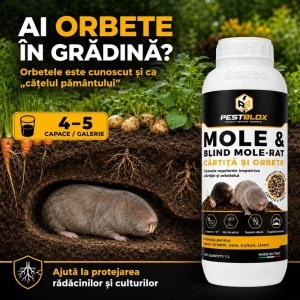Granule anti orbete și cârtițe PestBlox, împotriva orbeteluicățelului pământului, repelent olfactiv, 1 litru