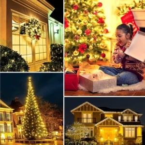 Instalație brad solară pentru Crăciun cu LED-uri, 10 metri, lumină caldă, cablu negru, 2 funcții, 100 LED-uri, IP-44, pentru exterior, panou solar