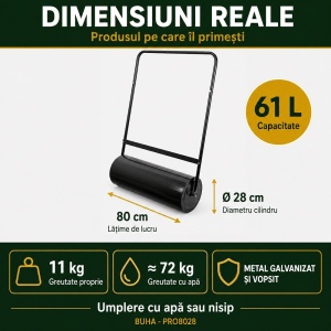 Tăvălug gazon și grădină profesional 61 litri, dimensiune 80 x 28 cm, umplere apă/nisip, oțel inoxidabil, pentru nivelare gazon, negru