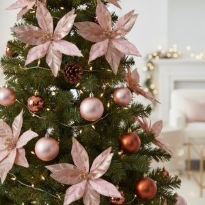 Set 2 flori pentru brad de Crăciun Poinsettia, 11 cm, polyester premium, culoare roz, cu sclipici, prindere cu clip