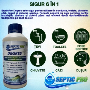 Soluție bio-enzimatică SepticPro Degres, anti grăsime, păr, pentru desfundare conducte și chiuvete conectate la fosa septică, 500 ml