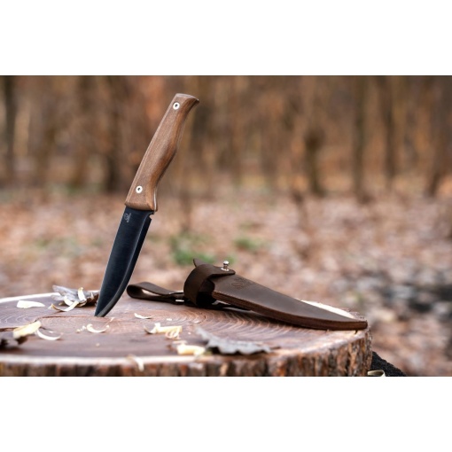 Cutit bushcraft din otel carbon cu lama fixa, cu maner de nuc si teaca piele Beavercraft - Img 7