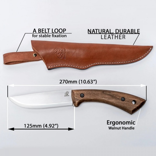 Cutit bushcraft din otel carbon cu maner de nuc si teaca piele Beavercraft - Img 8