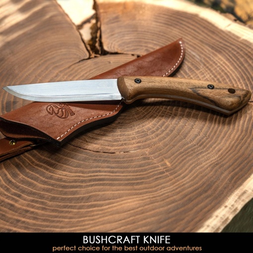 Cutit bushcraft din otel carbon cu maner de nuc si teaca piele Beavercraft - Img 2