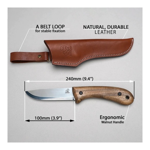 Cutit bushcraft din otel carbon cu maner de nuc si teaca piele Beavercraft - Img 9