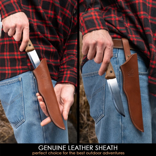 Cutit bushcraft din otel carbon cu maner de nuc si teaca piele Beavercraft - Img 3