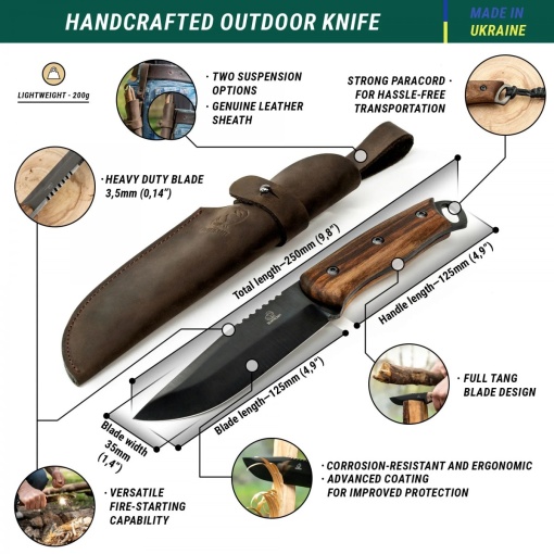 Cutit bushcraft din otel carbon cu maner de nuc si teaca piele Beavercraft - Img 6