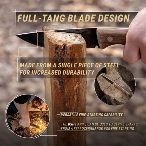 Cutit bushcraft din otel carbon cu lama fixa, cu maner de nuc si teaca piele Beavercraft - Img 2