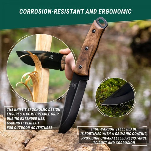 Cutit bushcraft din otel carbon cu maner de nuc si teaca piele Beavercraft - Img 3