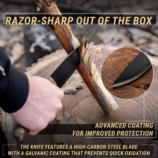 Cutit bushcraft din otel carbon cu lama fixa, cu maner de nuc si teaca piele Beavercraft - Img 3