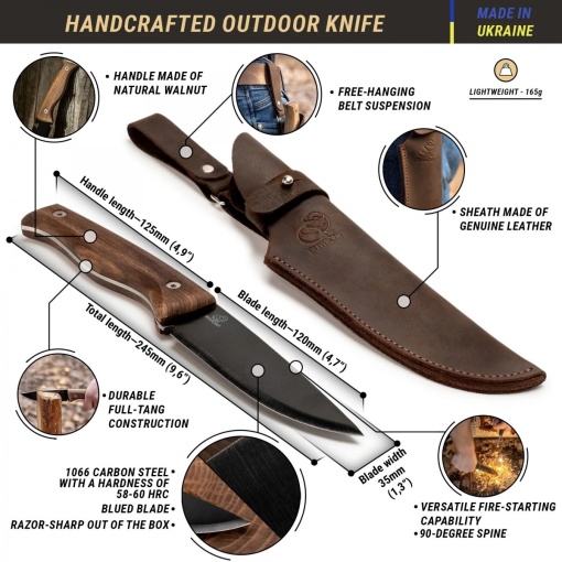 Cutit bushcraft din otel carbon cu lama fixa, cu maner de nuc si teaca piele Beavercraft - Img 8