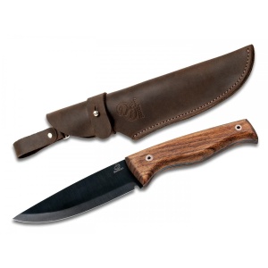 Cutit bushcraft din otel carbon cu lama fixa, cu maner de nuc si teaca piele Beavercraft