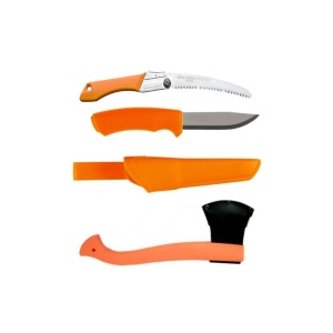Set Cutit Bushcraft Orange, Fierastrau Silky Gomboy curbat 210mm cu 8dinti, 30mm si Topor portocaliu