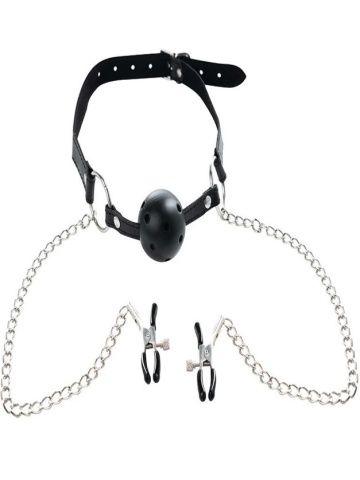 Kugla za usta i štipaljke za bradavice | Breathable Ball Gag with Nipple Clamps - Img 2