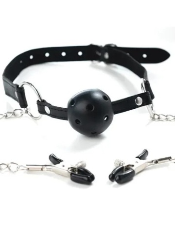 Kugla za usta i štipaljke za bradavice | Breathable Ball Gag with Nipple Clamps - Img 3