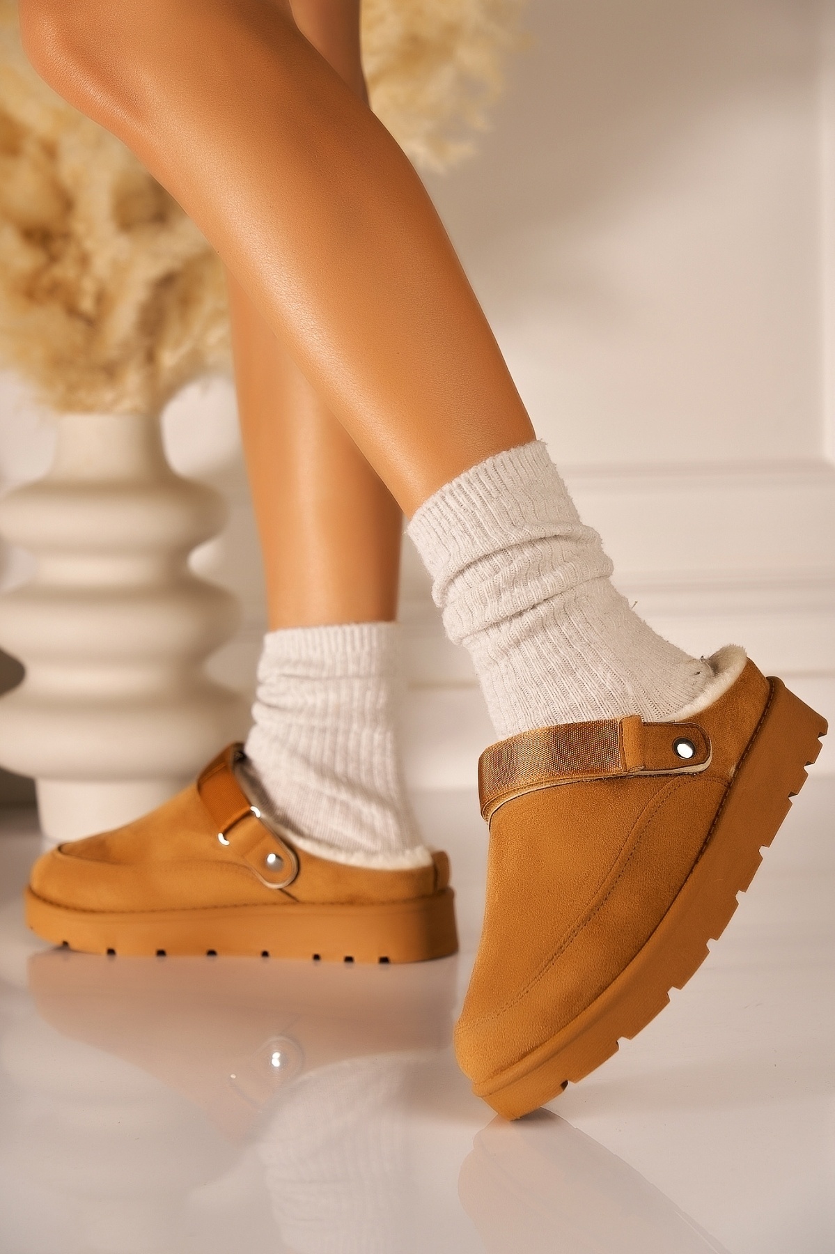 Papuci Îmblăniți Piele Ecologica Intoarsa Camel Gursey