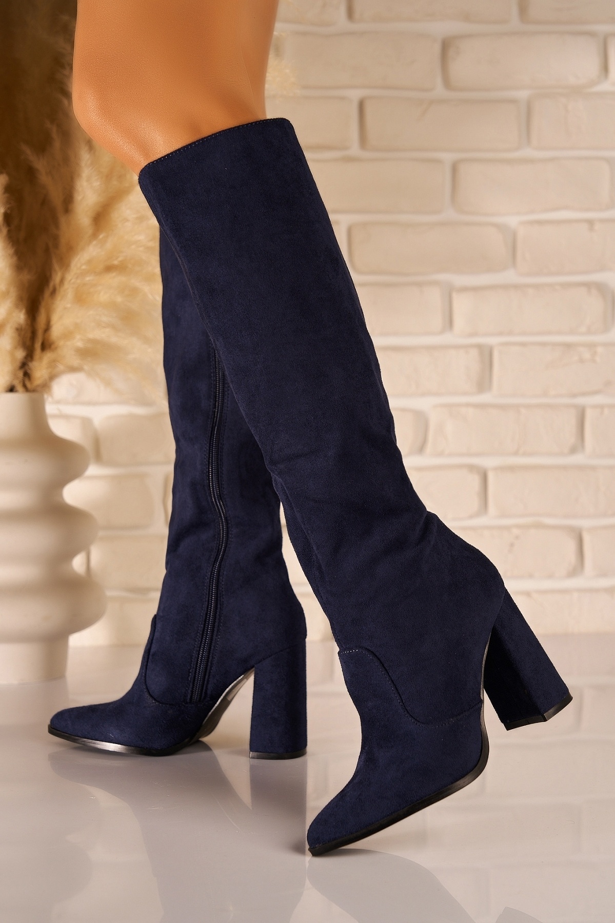 Cizme Dama Imblanite Bleumarin din Piele Ecologica Intoarsa Helaina