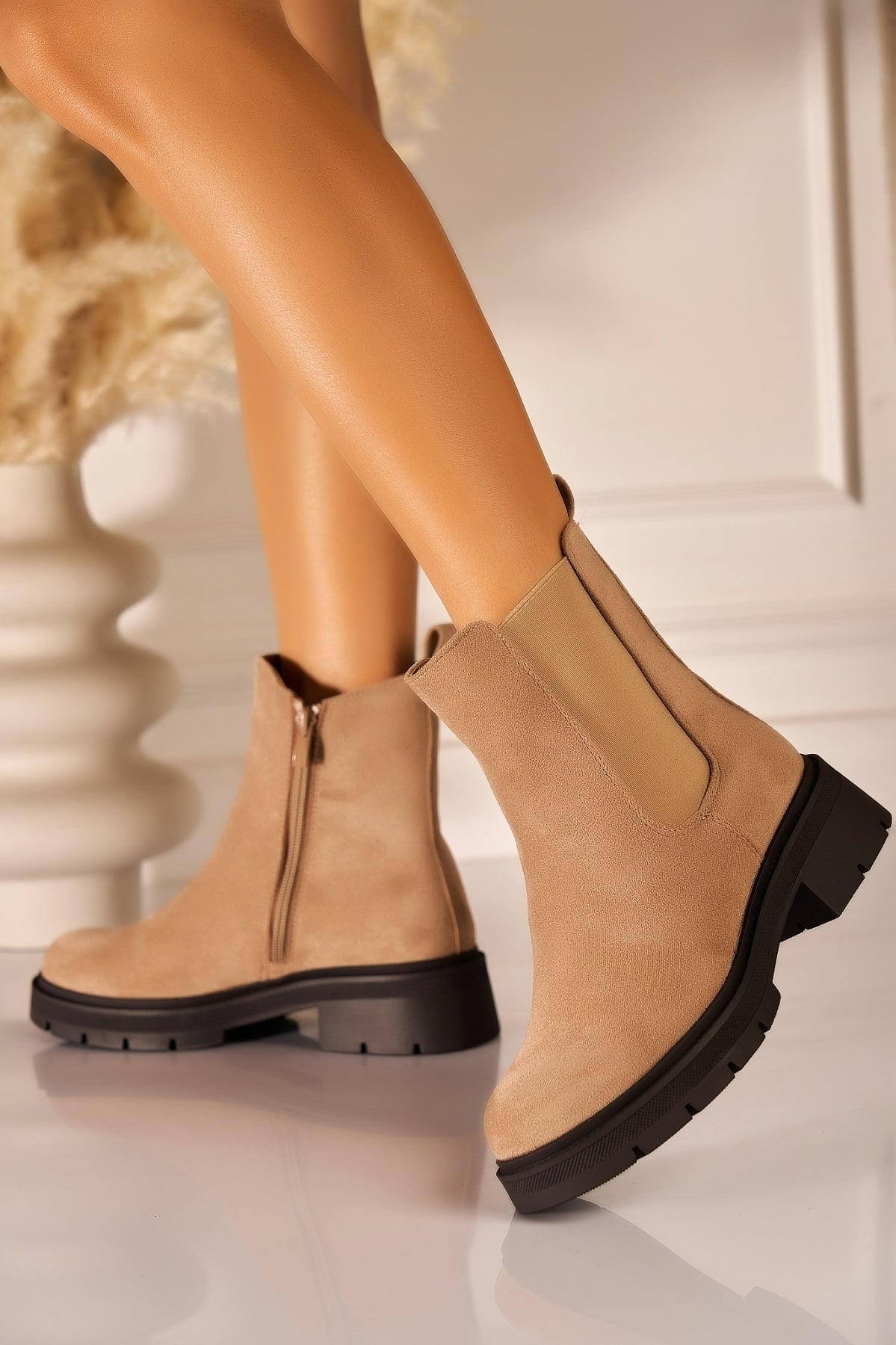 Ghete Dama Imblanite Kaki din Piele Ecologica Intoarsa Manki