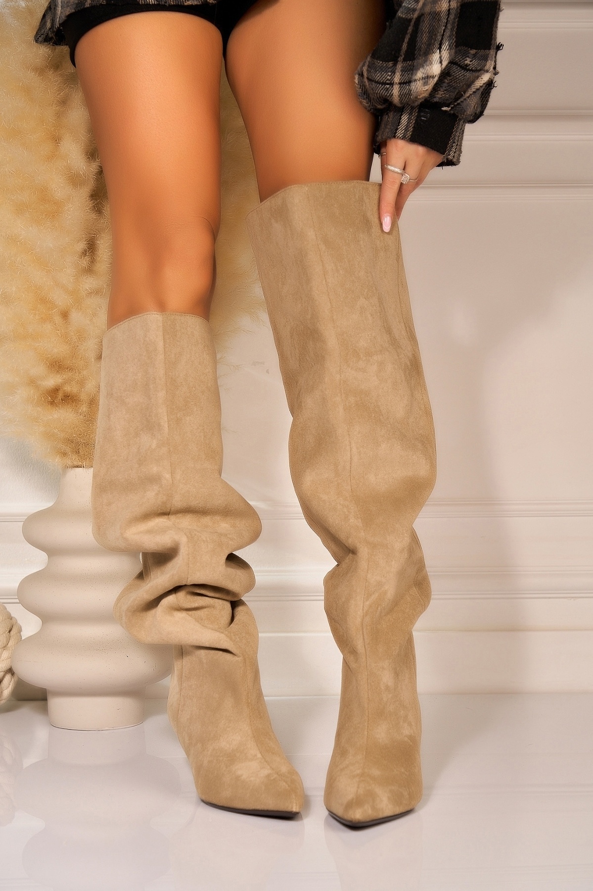 Cizme cu toc Piele Ecologica Intoarsa Kaki Lenyx