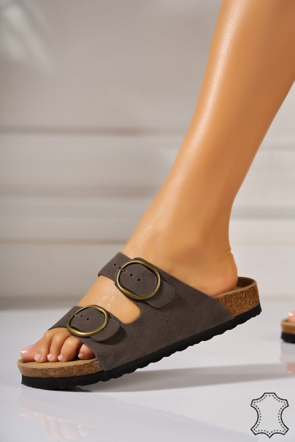 Papuci Damă Piele Naturala Intoarsa Kaki Heiny