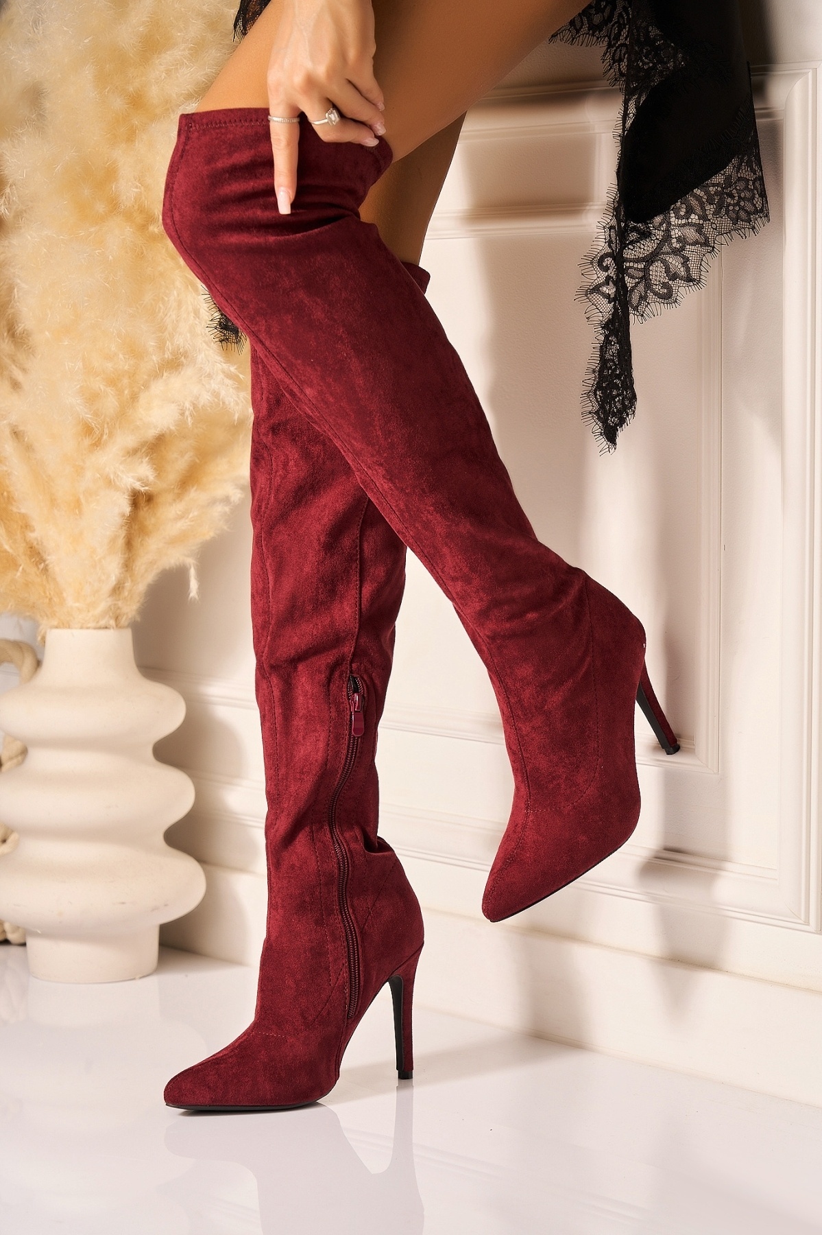 Cizme cu toc Piele Ecologica Intoarsa Bordo Daesha