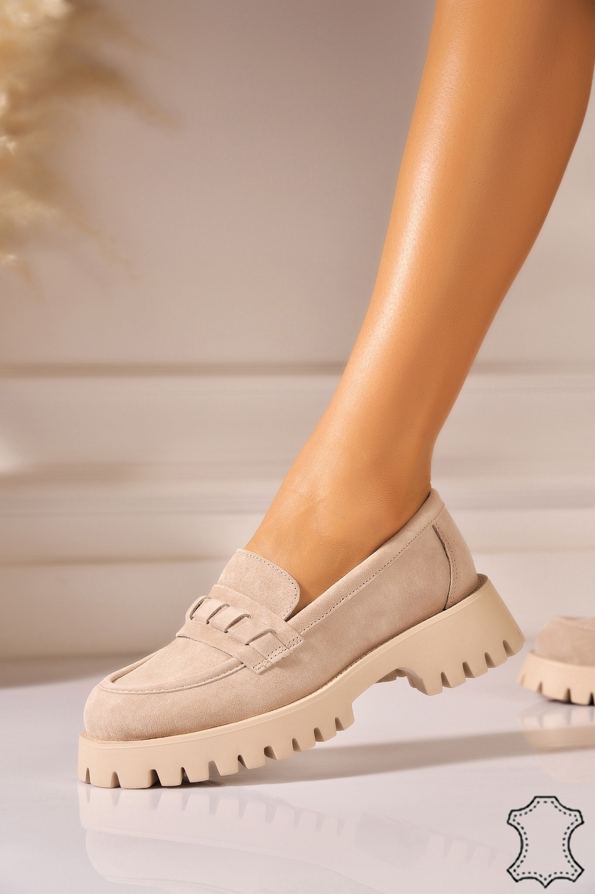 Mocasini dama Piele Naturala Intoarsa Bej Auriya