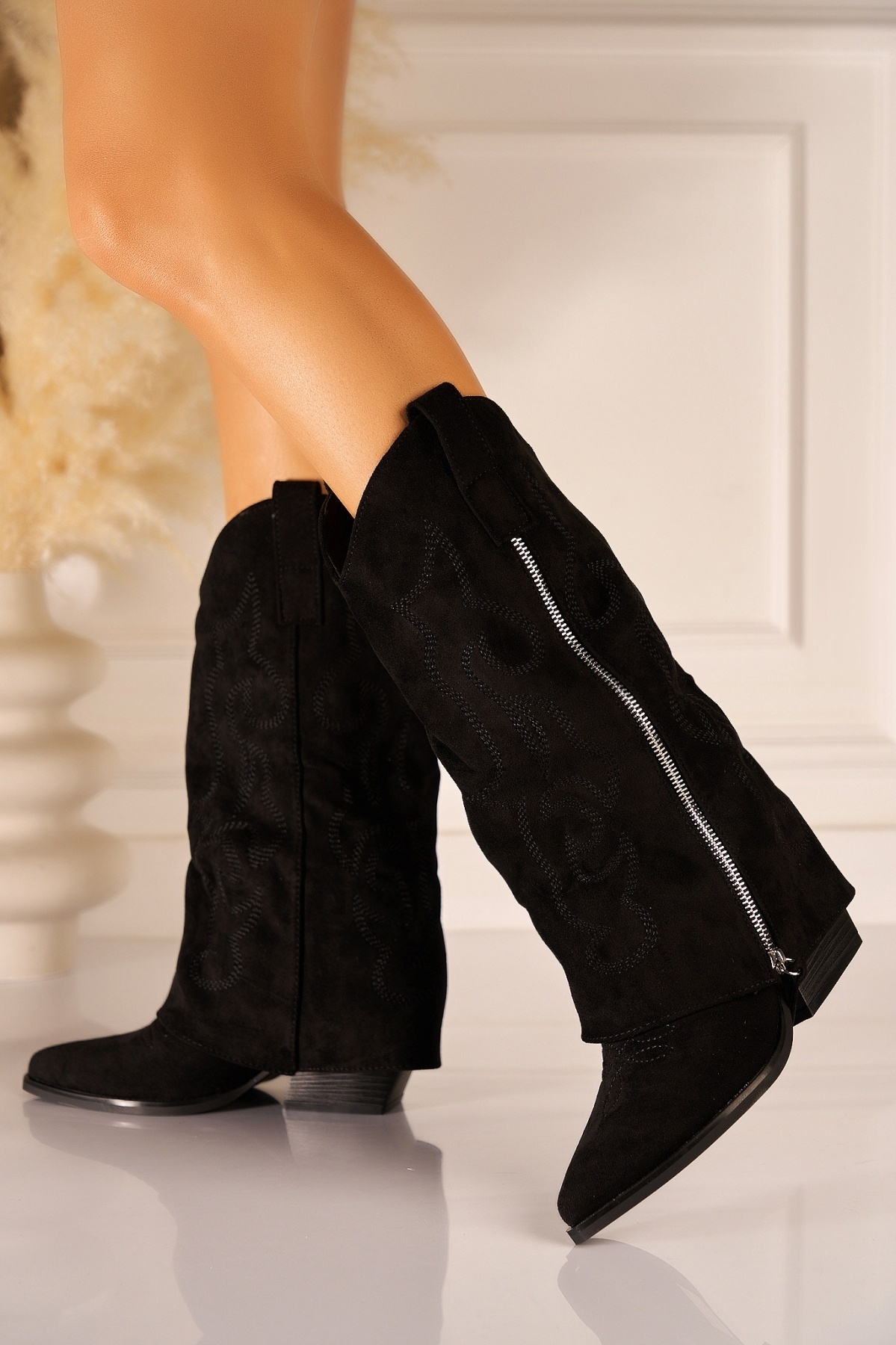 Cizme cu toc Piele Ecologica Intoarsa Negru Scouty